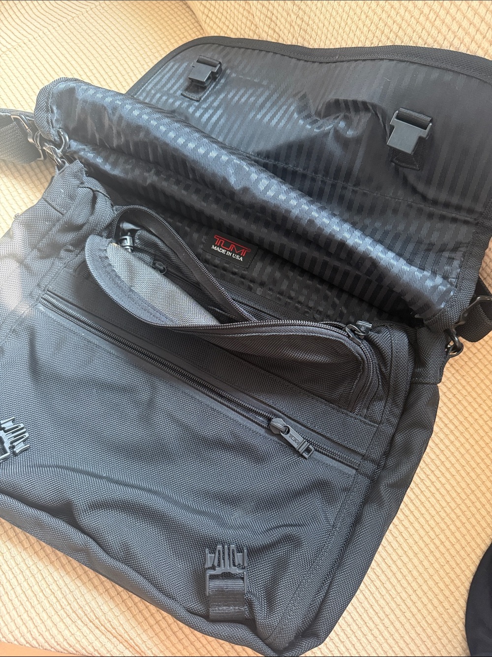 Tumi Black Nylon Messenger Bag with Subtle Stripe Lining